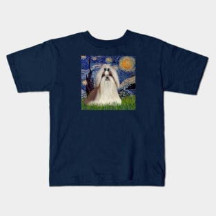 Starry Night (Van Gogh) Adapted to Feature a Long haired Shih Tzu Kids T-Shirt
